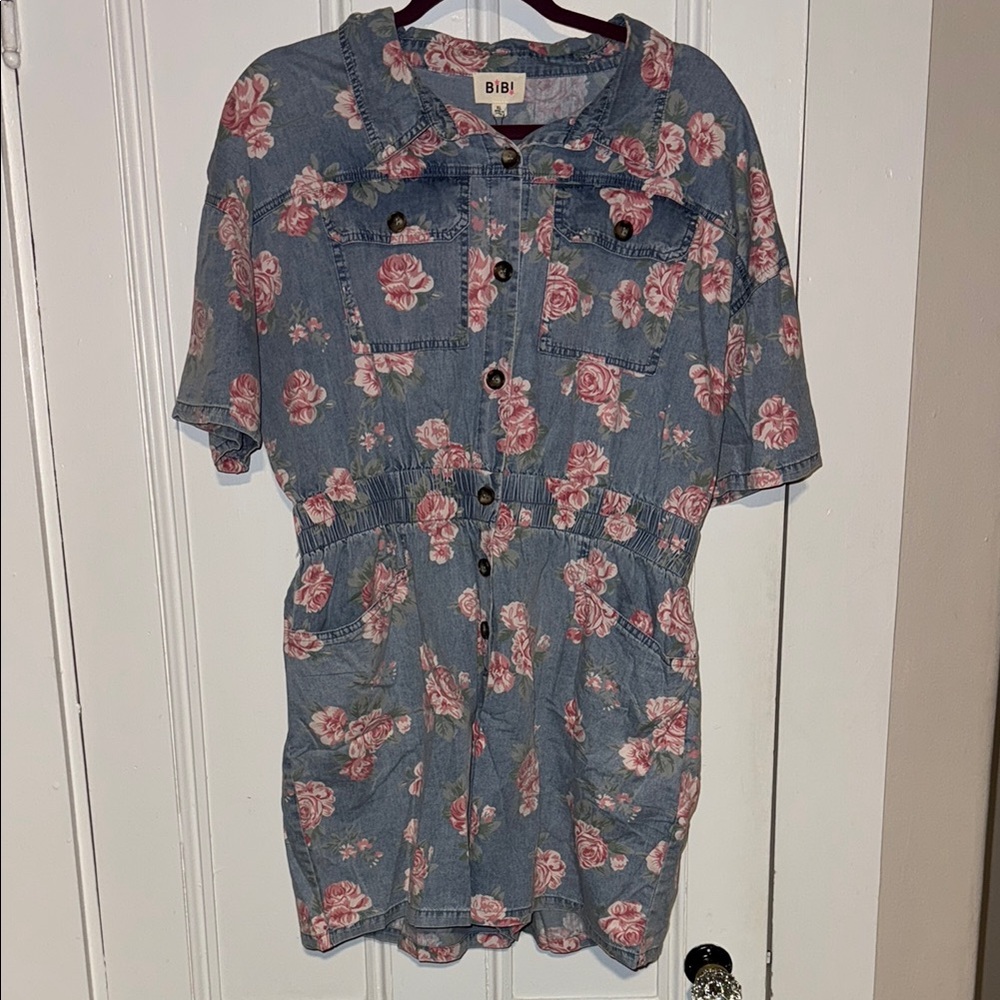 NWT! Adorable BiBi Denim Romper with Pink Floral Accents Size XL